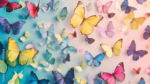 Bright Multicolored Butterflies in Flight Against a Soft Gradient Background – Whimsical and Dreamy Nature Scene Full of Color and Motion