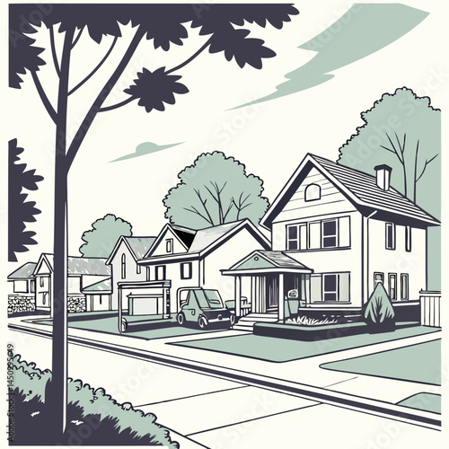 Monochrome Neighborhood Street Scene Vector With Houses Cars And Greenery Illustration