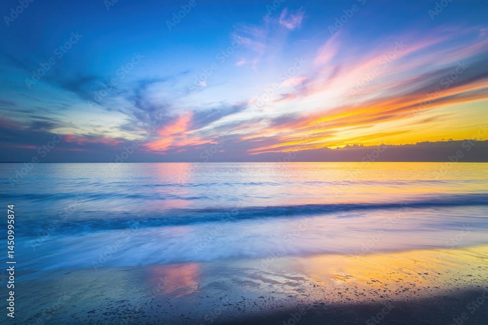 Beautiful Beach Sunset: Colorful Sky Reflected on Ocean Waves at Dusk. Beautiful Beach Sunset: Colorful Sky Reflected on Ocean Waves at Dusk.