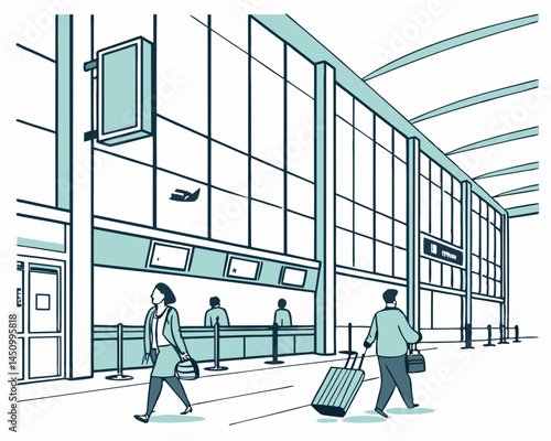 People At Airport Terminal Travelers Walking Near Check In Counters With Luggage