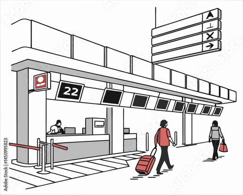 Airport Check In Counter With Passengers Luggage And Staff Illustration Artwork
