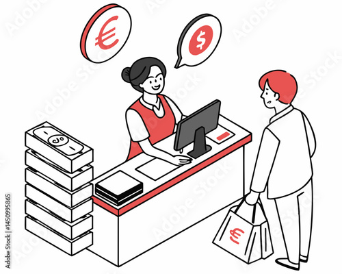 Isometric Illustration Of Retail Customer With Euro Currency Purchases Cashier Exchange