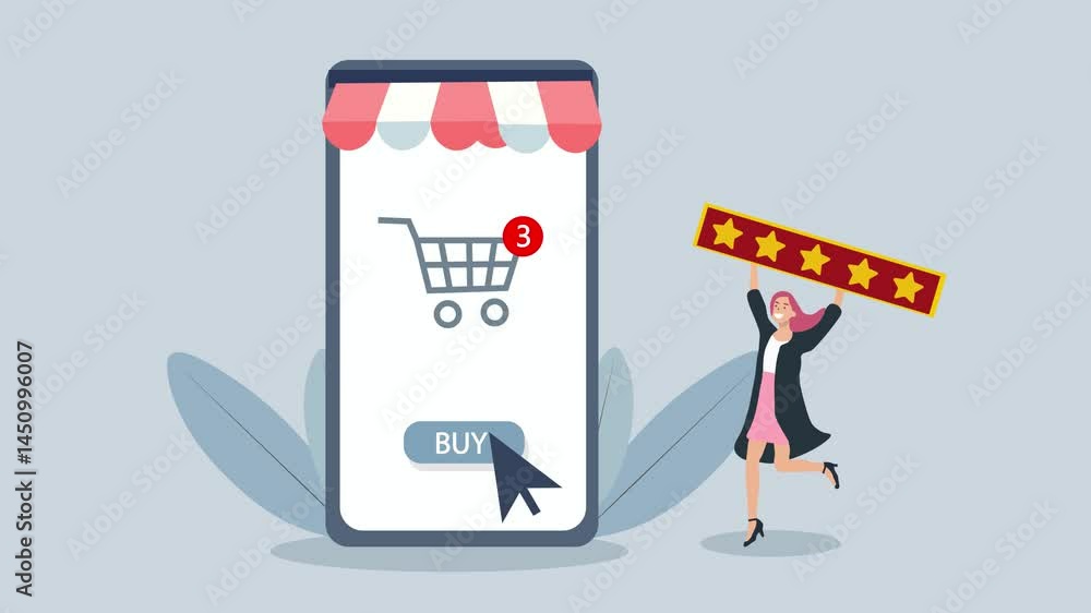Customer Satisfaction and Positive Reviews in Online Shopping Concept. Flat design animation of satisfied woman holding five stars . with Mobile Phone e-commerce, Add to cart and Buy button