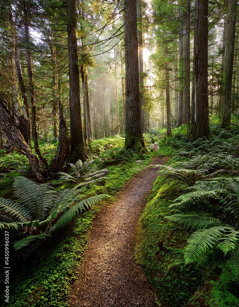 Obraz premium Sunlit Path Through an Emerald Forest
