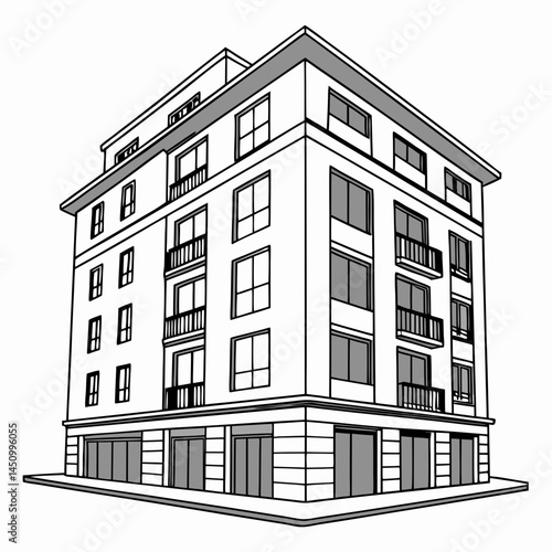 Architectural Isometric Illustration Of Modern Apartment Building With Balconies And Commercial Space