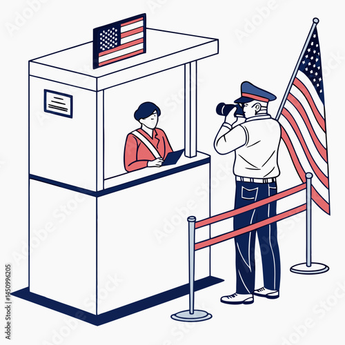 United States Border Security Checkpoint Minimalist Illustration Style American Flag