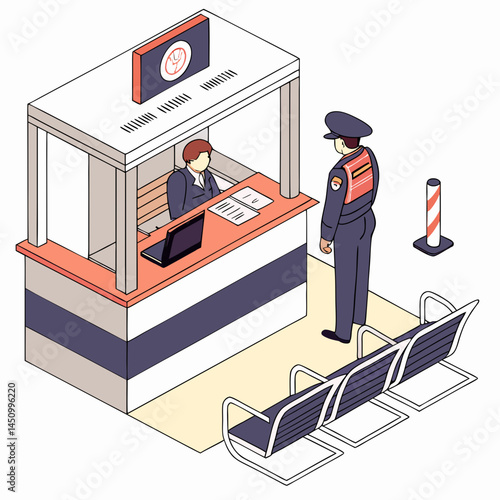 Isometric Border Control Security Checkpoint With Officer And Inspector Illustration