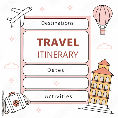 Creative Travel Itinerary Planner With Leaning Tower Airplane And Balloon Illustration