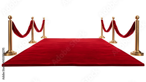 A red carpet with golden stanchions and velvet ropes on each side isolated on transparent background	