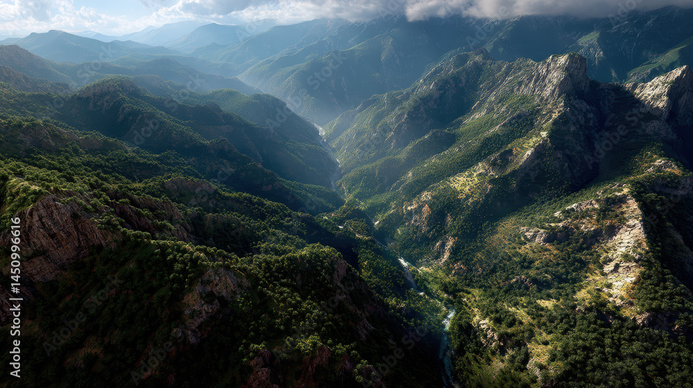 Naklejka premium An aerial view showcases a breathtaking mountain range with lush green forests and a winding river flowing through the dramatic canyon on a bright sunny day.
