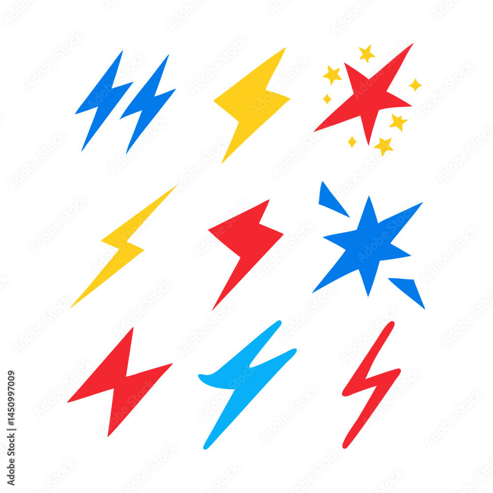 Collection Of Colorful Lightning Bolt And Explosion Icon Vector Set On Black Collection Of Colorful Lightning Bolt And Explosion Icon Vector Set On Black