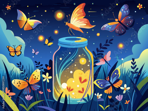 vector of Butterflies, which are the embodiment of dreams and wishes, come out of the jar and light up the night sky.