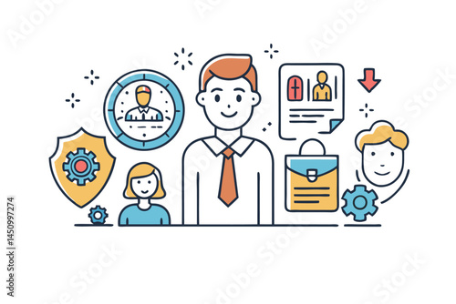 Thin line icons of employee insurance themes such as health coverage, protection, and workers’ benefits, great for HR and corporate projects, icon set