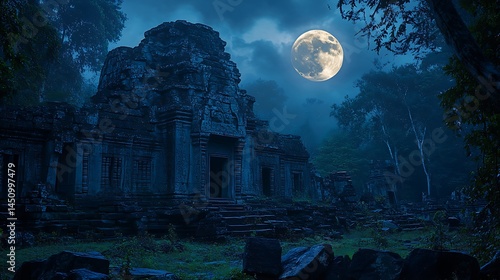 Mysterious ancient ruins under a full moon at night.