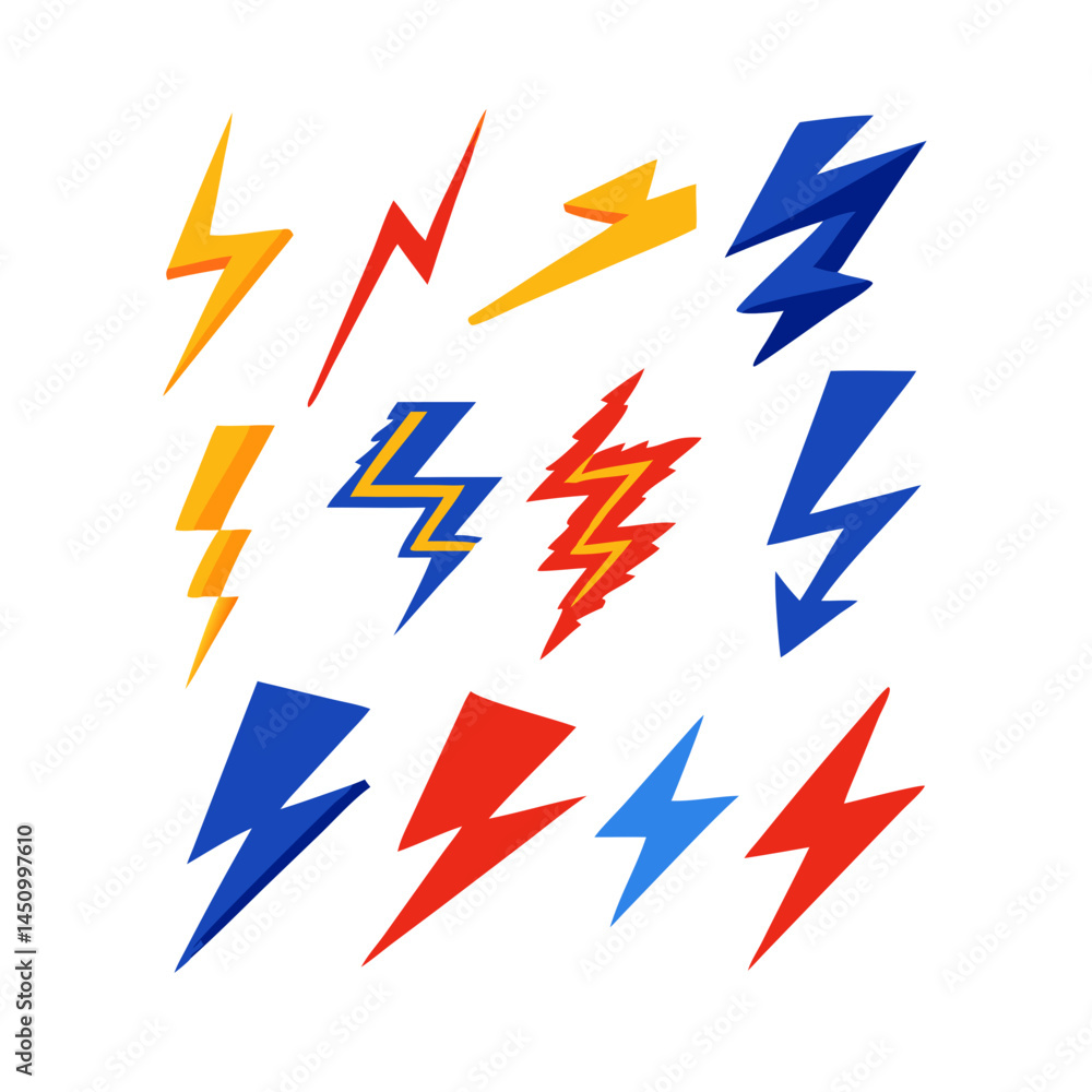 Fototapeta premium Collection Of Stylized Lightning Bolts In Red Yellow And Blue Color Palette