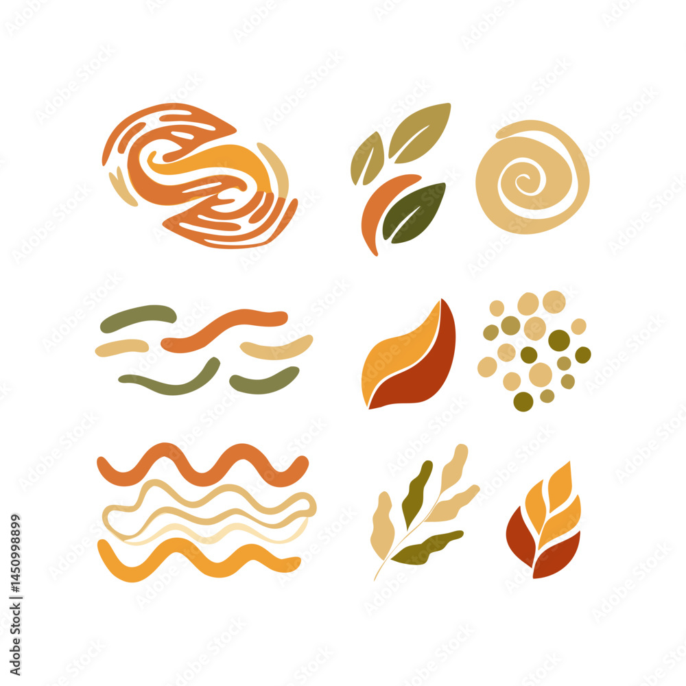 Boho Vector Elements With Leaves Waves And Circles On A Black Background Boho Vector Elements With Leaves Waves And Circles On A Black Background