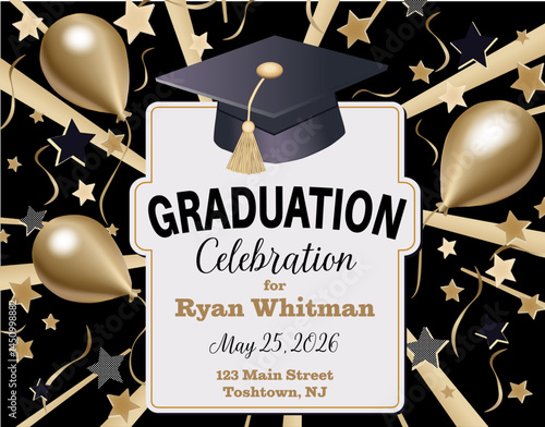 A fun vector illustration of a graduation celebration invitation featuring a graduation cap, diploma, and vintage typography. Perfect for invitations, announcements, or graduation-themed designs.