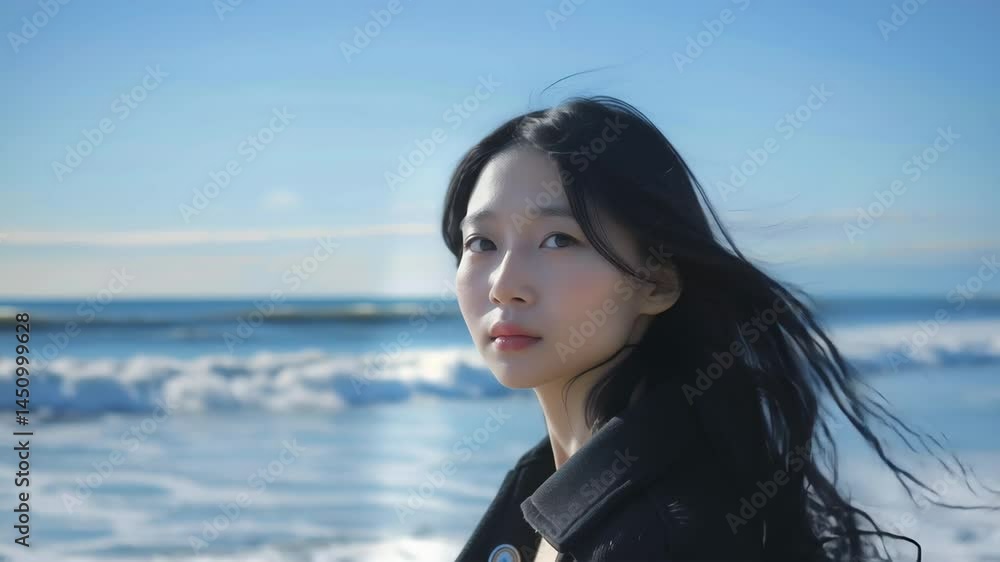 海辺で遠くを見つめる日本人女性の横顔 海辺で遠くを見つめる日本人女性の横顔