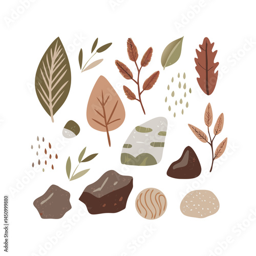 Earth Tones Nature Illustration With Autumn Leaves And Rocks On Black Background