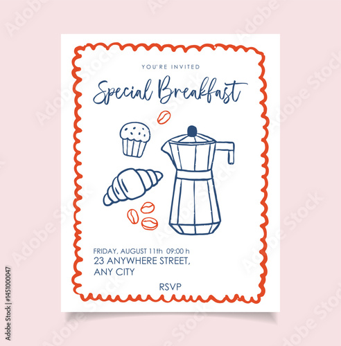 Breakfast hand draw invitation party set. Italian la dolce vita, crayon drawing style