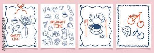 Breakfast doodles poster set of 4. Vector illustration of croissant and coffee, crayon drawing style