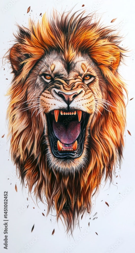 Obraz premium Roaring Lion Portrait with Intense Gaze Majestic Mane and Powerful Teeth Displayed