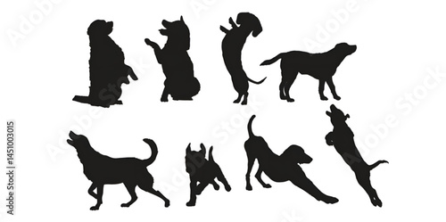 set of vector silhouettes of some dog styles. dog icon. sitting dog logo. jumping dog icon. sitting dog icon. jumping dog icon. running dog icon. shaking hands dog icon. standing dog icon. 
