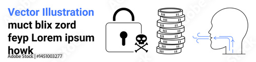 Lock with skull icon, stacked coins, and head emitting arrows indicating cyber threats, privacy, data security. Ideal for cybersecurity, hacking prevention, financial security, online safety digital