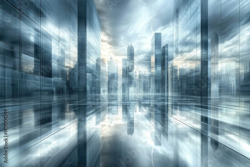 A futuristic cityscape reflected in a glass-like plaza, a stormy sky overhead.