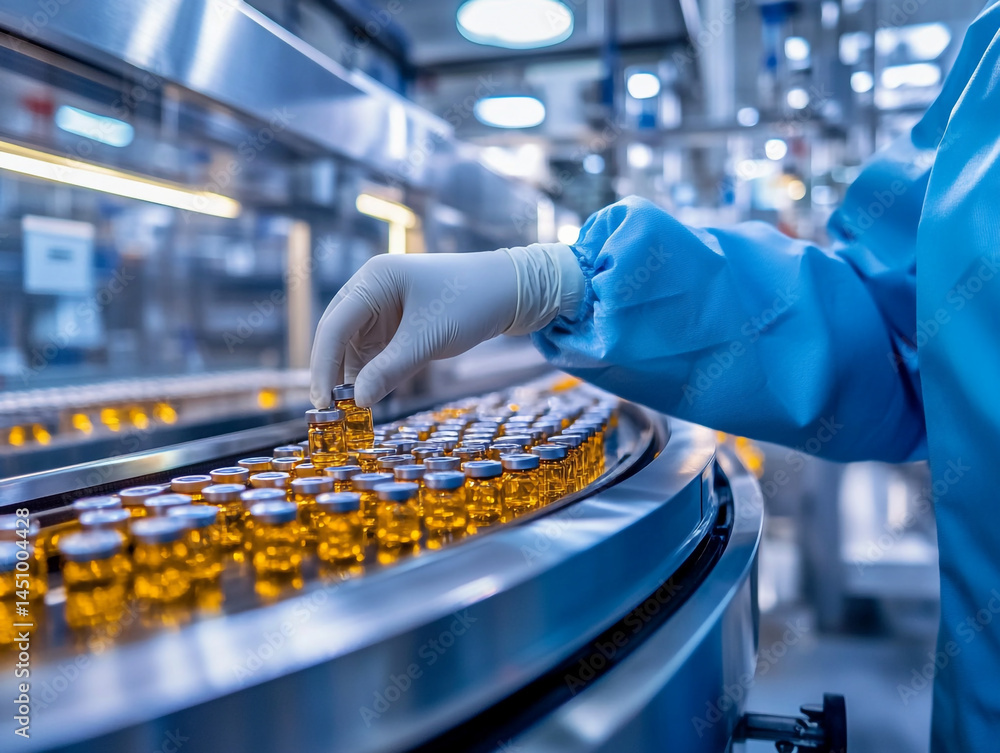 A gloved hand selects a vial from a row of illuminated vials on a laboratory conveyor belt, highlighting precision in pharmaceutical research and automation. A gloved hand selects a vial from a row of illuminated vials on a laboratory conveyor belt, highlighting precision in pharmaceutical research and automation.