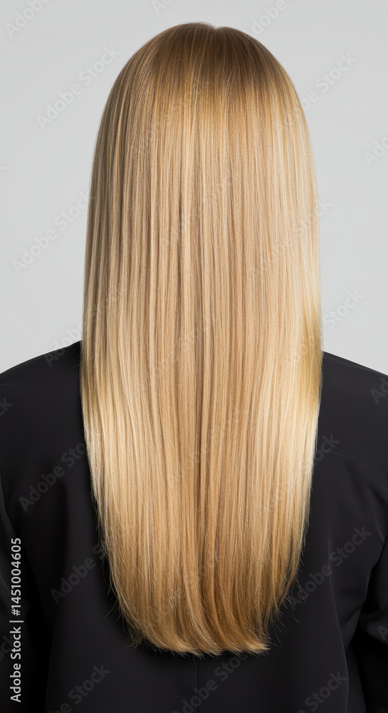 Naklejka premium Gorgeous Golden Blonde: Long, Straight, & Healthy Hair Care Inspiration - Salon Style & Color Trends for Beautiful Locks!