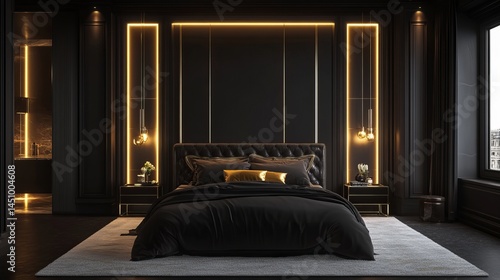 black bedroom with gold and neon lights 
