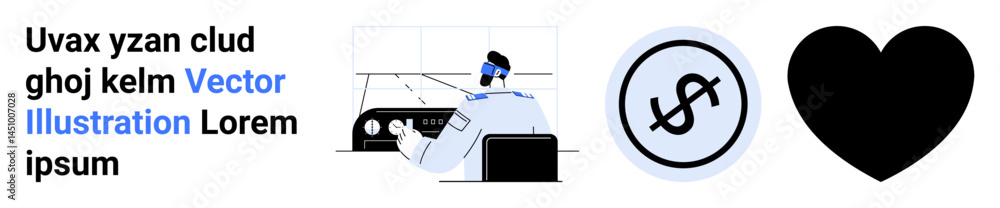 Person operates a control panel, circular dollar sign, and bold heart. Ideal for technology, finance, analytics, operations, economics, creativity or simple landing page Person operates a control panel, circular dollar sign, and bold heart. Ideal for technology, finance, analytics, operations, economics, creativity or simple landing page