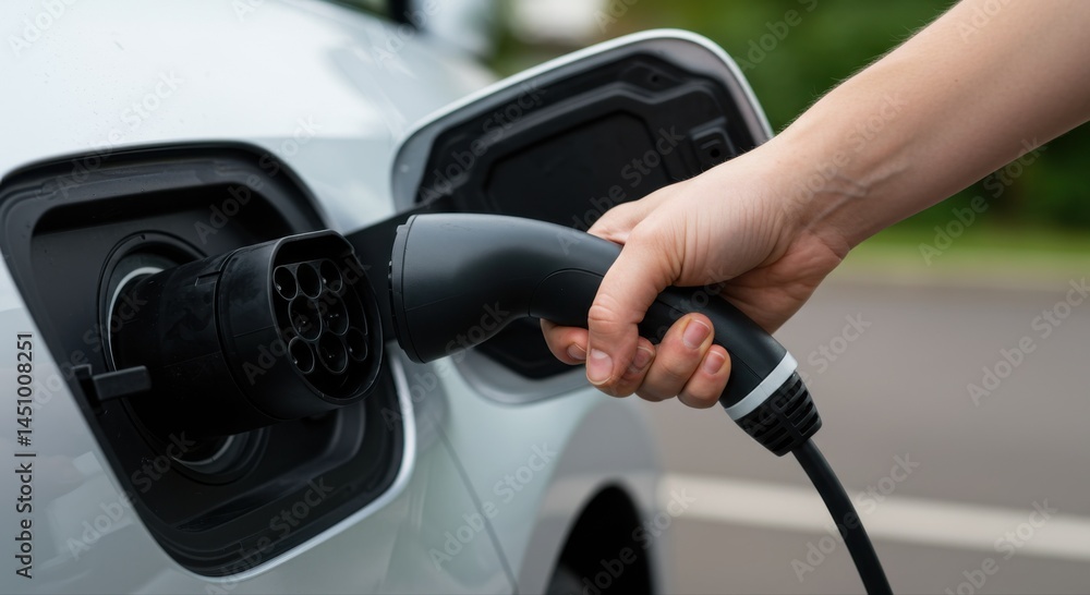 Human hand connecting EV charging cable to electric vehicle port. Clean background with sharp detail, concept of renewable transport and clean energy. Human hand connecting EV charging cable to electric vehicle port. Clean background with sharp detail, concept of renewable transport and clean energy.