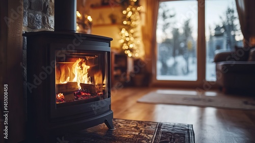 Fireplace inside house modern living room. living room with wood burner stove with burning flame behind a glass door 