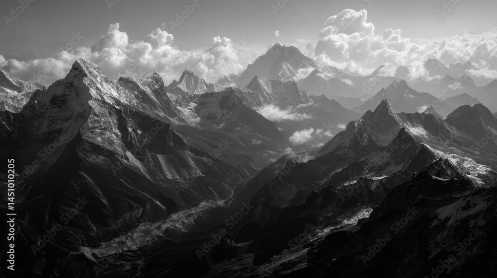 Obraz premium An ethereal grayscale landscape showcases majestic mountains piercing through a dramatic cloudscape creating a serene and awe-inspi vista of natural beauty.