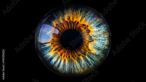 Close-up of a human eye displaying intricate details in vibrant oranges, blues, and yellows against a stark black background.
