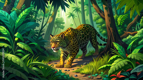 A jaguar stalking through dense rainforest, filtered light, lush foliage, mossy ground. Ultra-detailed, vivid green tones, realistic jungle mood