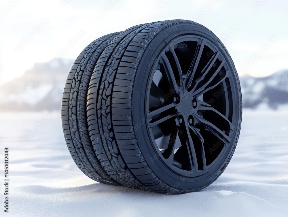 Winter tires on snow-covered ground with mountains visible in the background Winter tires on snow-covered ground with mountains visible in the background