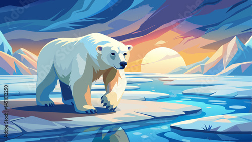 A polar bear walking on icy tundra, snow haze, pale sky, cold ambient light. Photorealistic, crisp texture, serene arctic vibe