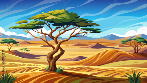 A solitary acacia tree stands defiant amid the dry, wavy dunes