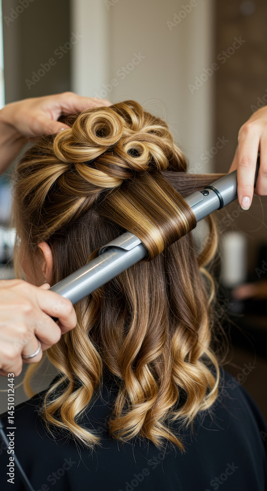 Fototapeta premium Bridal Hair Magic: Curling Iron Creates Dreamy Wedding Curls & Updo. Get Inspired!
