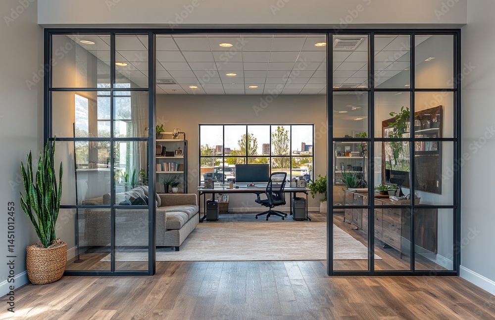 Fototapeta premium Modern office interior with glass partition, cityscape view, comfortable seating, and plants