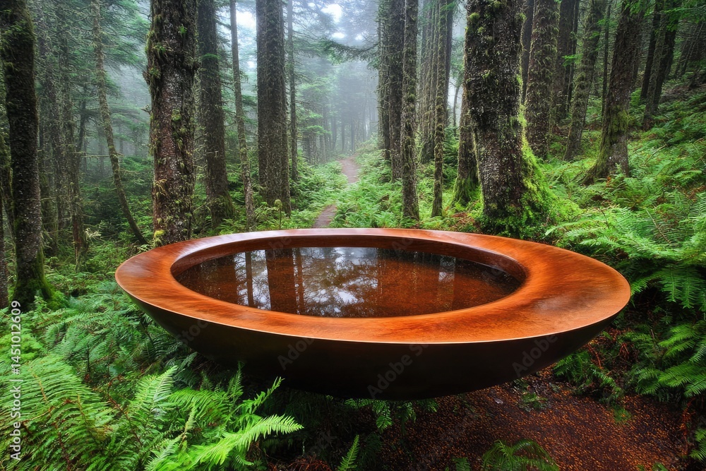 Large, dark, rust-colored, shallow bowl-shaped sculpture in a misty forest. Water reflects the trees Large, dark, rust-colored, shallow bowl-shaped sculpture in a misty forest. Water reflects the trees