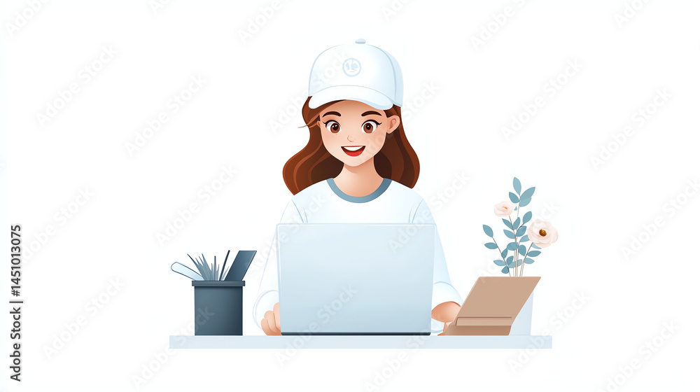 Young woman working on laptop, smiling, with stationery and plant nearby, creating cheerful and productive atmosphere