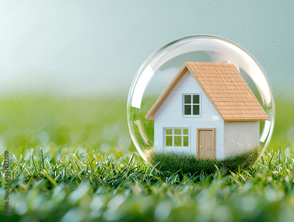 modern house inside transparent bubble on green grass, symbolizing protection and sustainability. serene environment evokes sense of tranquility and harmony with nature