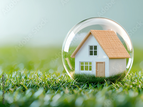 Obraz na płótnie modern house inside transparent bubble on green grass, symbolizing protection and sustainability. serene environment evokes sense of tranquility and harmony with nature w salonie