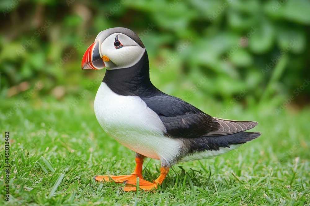 Naklejka premium Vibrant Atlantic Puffin standing gracefully on green grass showcasing its colorful beak