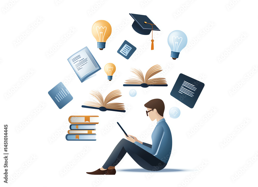 Man using tablet surrounded by education icons like books, light bulbs, and graduation cap, symbolizing learning and knowledge