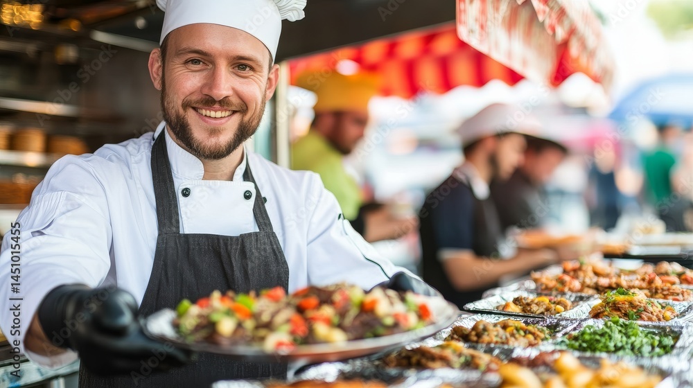 Smiling Chef Holding Food Platter at Outdoor Food Stall, Food , Catering Smiling Chef Holding Food Platter at Outdoor Food Stall, Food , Catering